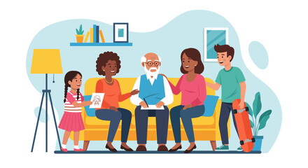 Happy multi-generational family gathered at home for important discussions. Illustrates family support, financial planning, and intergenerational bonding. Ideal for lifestyle and business concepts.