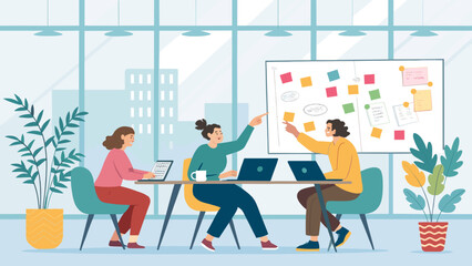Diverse team collaborating in a modern office meeting, discussing ideas and brainstorming solutions on a whiteboard. Business, innovation, productivity.