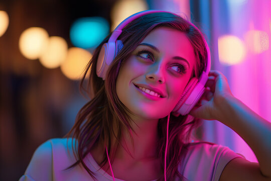 A smiling woman wearing pink headphones, surrounded by vibrant, blurry neon lights. Symbolizes modern music culture, urban nightlife, personal style, and a lively atmosphere. - Powered by Adobe