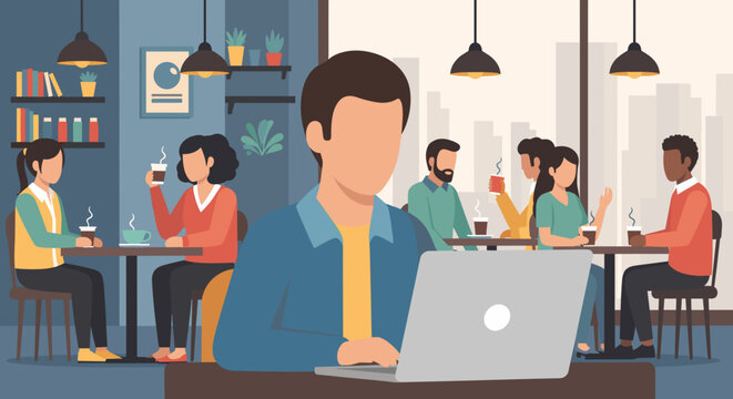 Man focused on laptop in a lively cafe. Represents remote work, digital lifestyle, and casual business meetings in a modern shared space.