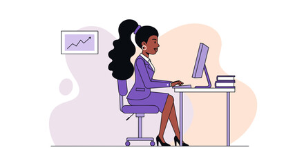 Confident businesswoman focused on work at her desk, symbolizing career growth, digital productivity, and professional success in a modern office setting.