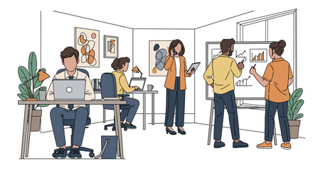 Diverse team collaborating and working diligently in a modern office, depicting business productivity, teamwork, and professional environment.