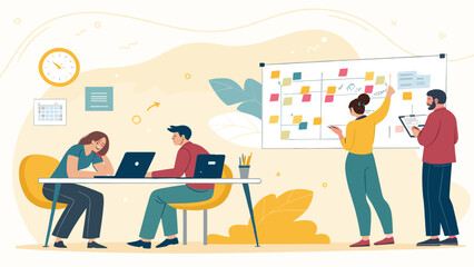 Diverse team collaborating in a modern office, utilizing laptops and a whiteboard for planning and project management. Focus on business, innovation, and teamwork.