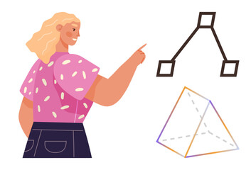 Woman pointing at geometric diagram and pyramid shape, engaging with abstract mathematics. Ideal for education, geometry, visual learning, cognition, STEM, academic concepts, simple flat metaphor