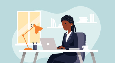 Professional Black businesswoman diligently working on her laptop at a modern home office desk. Ideal for remote work, productivity, or online learning concepts.