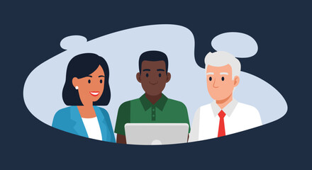 Diverse business team collaborating with a laptop, symbolizing teamwork, discussion, and modern professional partnership.