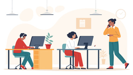 Diverse team members working collaboratively in a modern office. Ideal for business, technology, communication, and contemporary workspace concepts.