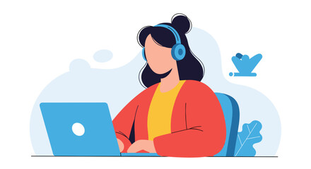 Woman with headphones using laptop for remote work, online learning, or virtual support. Ideal for business, technology, or lifestyle concepts.
