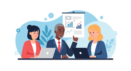 Diverse business team collaborating in a meeting, analyzing charts and discussing strategy. Ideal for corporate growth, teamwork, and financial concepts.