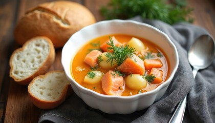 Nordic salmon soup with fresh ingredients. Delicious rich stew with fish, potatoes, carrots, garnished with dill. Served with crusty bread slices. Hearty, warming, comforting meal, perfect for lunch