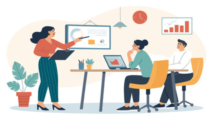 Business team attending a presentation in a modern office. Collaborative discussion, strategic planning, and professional development.