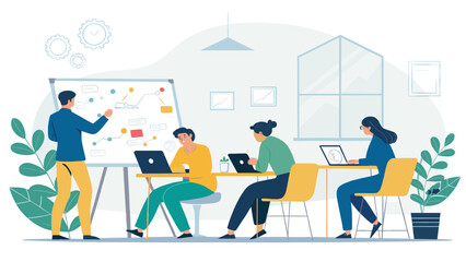 Diverse team collaborating in a modern office, developing strategies and analyzing data. Ideal for business, technology, and startup concepts.