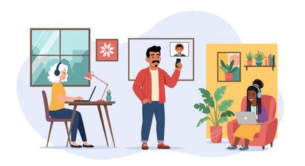 Diverse people work or connect remotely from home, utilizing laptops and smartphones for online collaboration and virtual meetings. Modern digital communication concepts.