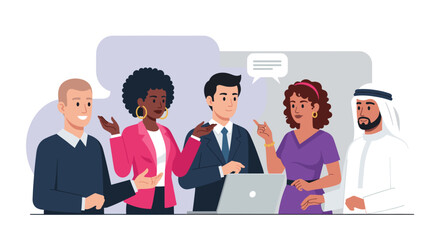 Diverse business team collaborating in a dynamic meeting, exchanging ideas and planning strategies. Represents global partnership and effective communication.