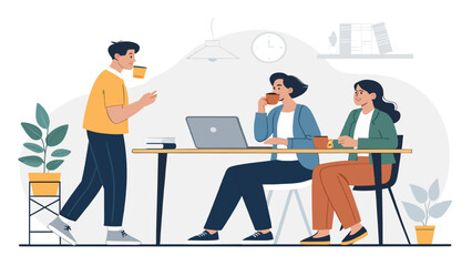 Diverse team collaborates, enjoys coffee break in a modern office. Perfect for business, teamwork, corporate, or lifestyle themes.