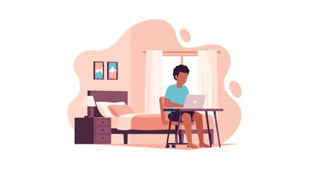 Person working on laptop at desk in a cozy bedroom. Illustrates remote work, online education, or home-based business productivity and comfort.
