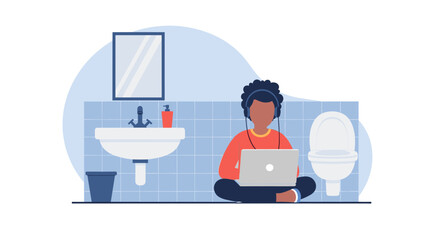 Person working remotely on laptop in a bathroom, wearing headphones. Illustrates flexible work, privacy, or finding quiet space at home.