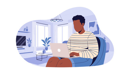 A person works comfortably on a laptop from their modern living room, representing remote work, online learning, and a relaxed home lifestyle.