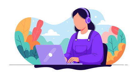 Focused woman in headphones working remotely on laptop amidst vibrant natural background. Ideal for modern work, online learning, and digital concepts.