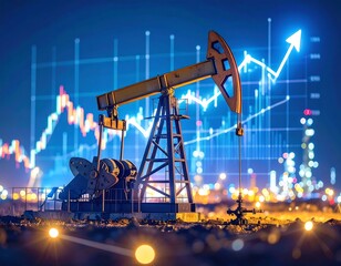 Oil rig at night with rising market graph