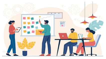 Diverse business team collaborating on a project in a modern office, utilizing a whiteboard for planning and strategy. Represents teamwork, innovation, and productivity.