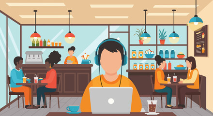 Focused person in headphones working on laptop at a vibrant cafe, surrounded by diverse customers enjoying drinks. Ideal for remote work, study, or social settings.