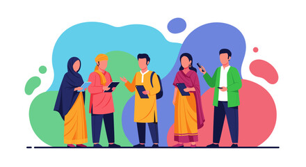 Diverse group of people in traditional attire engaged in discussion with tablets and phones. Represents global communication, technology, education, and cultural diversity.