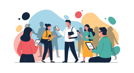 Diverse group of people using digital devices with graphs and charts, illustrating modern business communication and data exchange.