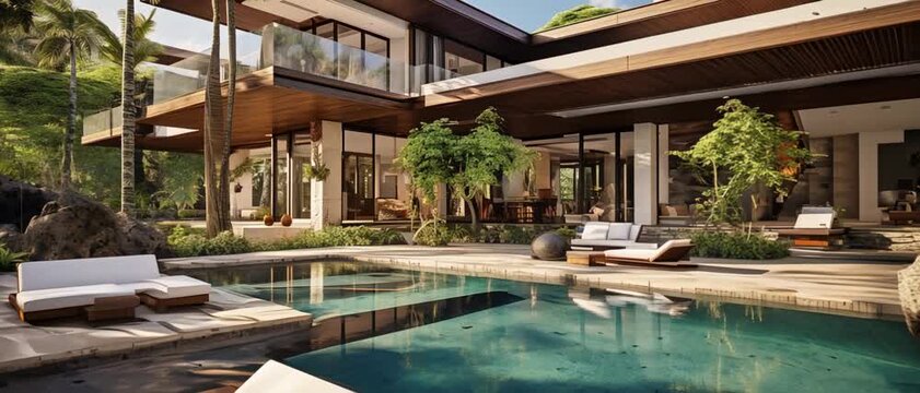Modern villa, luxury house with pool and tropical plants in summer, rich mansion with terraces, palms and patio, panoramic view