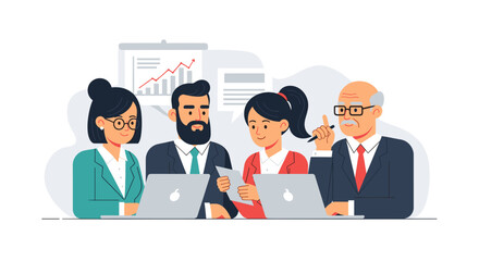 Diverse business team collaborating in a meeting, analyzing data for growth. Ideal for corporate, finance, and professional development concepts.