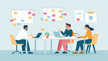 Diverse business team collaborating in an office meeting, utilizing technology for project planning, strategy, and discussion. Ideal for corporate productivity and teamwork concepts.