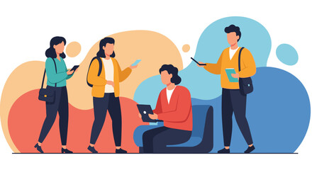 Young adults collaborating and interacting in a modern, dynamic environment, illustrating teamwork, digital communication, and contemporary lifestyle.