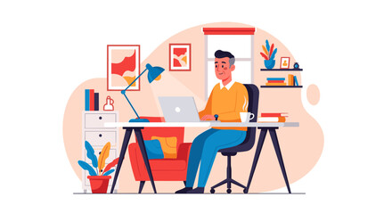 Man comfortably working remotely on laptop in a cozy home office setup. Ideal for illustrating flexible work, freelance, or online learning.