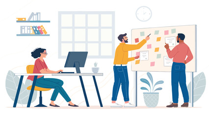 Diverse team collaborating in a modern office, brainstorming ideas on a whiteboard while a colleague works on a computer. Ideal for business, productivity, and innovation concepts.