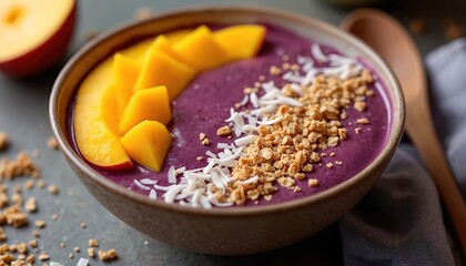 Vibrant tropical smoothie bowl topped with fresh mango slices, crunchy granola. Creamy purple smoothie, likely acai berry based, offers healthy, delicious breakfast option. Sprinkled with shredded