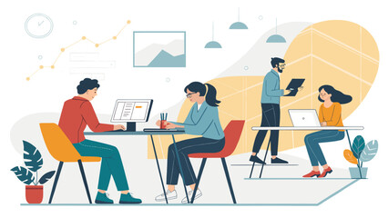 Diverse team collaborating in a modern office, focused on business growth and innovation. Ideal for concepts of teamwork, productivity, and contemporary workspace.