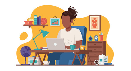 African American man with dreadlocks works diligently on laptop at home office desk. Ideal for remote work, freelance, online learning, or digital business concepts.