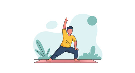 Fototapeta premium Man practicing yoga on a mat in a reverse warrior pose, symbolizing health, wellness, and a balanced, active lifestyle. Ideal for fitness and self-care concepts.