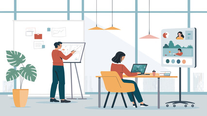 Professionals collaborating in a modern office, utilizing technology for presentations and remote meetings. Ideal for business, teamwork, and digital communication concepts.