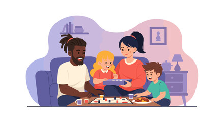 Happy diverse family playing a board game at home, enjoying quality time and bonding. Perfect for concepts of togetherness, leisure, and home entertainment.