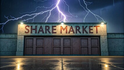 Share market building with closed doors during thunderstorm and lightning symbolizing financial uncertainty risk and stock market volatility

