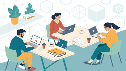 Professionals focused on laptops in a collaborative office, symbolizing teamwork, productivity, and modern business innovation.