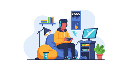 Young man in headphones enjoying leisure time, immersed in online gaming and digital entertainment at home. Modern lifestyle, technology, and relaxation concept.