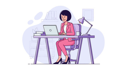 Professional woman in a pink suit working diligently on her laptop at a home office desk, representing productivity and modern business.