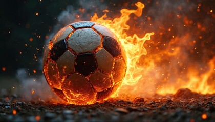 Fototapeta premium Illustration of soccer ball engulfed in intense fire, radiating heat, energy. Dynamic motion, vibrant orange, red flames suggest power, fiery explosion. Dramatic artwork captures intense spirit of