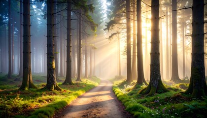 Sunbeams in a misty forest path
