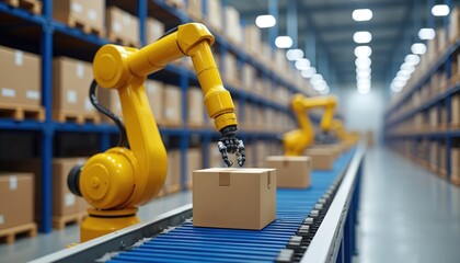 Robotic arm sorts boxes on conveyor belt in modern warehouse. Yellow industrial machinery manages inventory, logistics operations. Automation enhances efficiency, productivity, supply chain