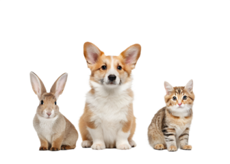 A cute fluffy rabbit a friendly corgi dog and a tabby cat posing together isolated on transparent background