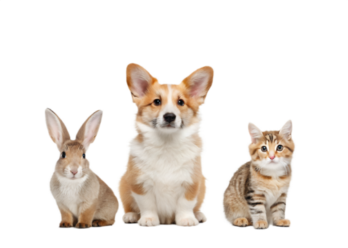 A cute fluffy rabbit a friendly corgi dog and a tabby cat posing together isolated on transparent background - Powered by Adobe