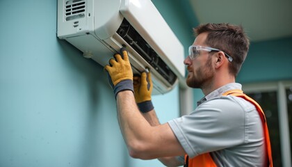 Technician installs split air conditioning unit on house exterior wall. Man wears safety glasses, work gloves. Professional service upgrades home for summer comfort and energy efficiency.